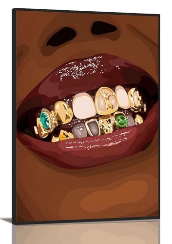 KISSFOX African American Framed Wall Art Decor Black Girl Pictures Wall Decor Trendy Lips Gold Grillz Canvas Art Prints Hypebeast Hip Hop Paintings Artworks For Bar Apartment Dorm Bedroom - Image 1