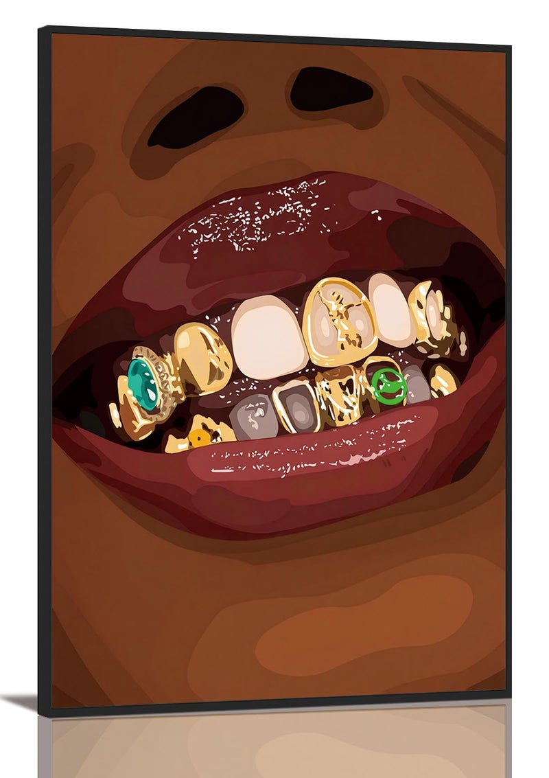 KISSFOX African American Framed Wall Art Decor Black Girl Pictures Wall Decor Trendy Lips Gold Grillz Canvas Art Prints Hypebeast Hip Hop Paintings Artworks For Bar Apartment Dorm Bedroom - Image 2