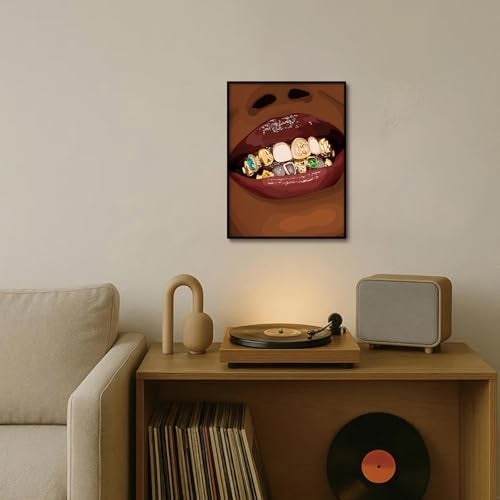 KISSFOX African American Framed Wall Art Decor Black Girl Pictures Wall Decor Trendy Lips Gold Grillz Canvas Art Prints Hypebeast Hip Hop Paintings Artworks For Bar Apartment Dorm Bedroom - Image 3