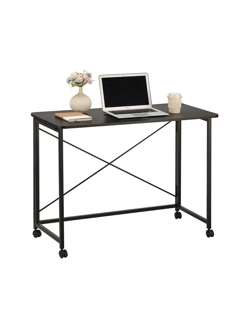 لوازم طاولة قابلة للطي - 80×40×75 سم، أسود - مكتب كمبيوتر قابل للطي بسطح خشبي وأرجل حديدية وعجلات قابلة للقفل ودعامة خلفية على شكل X - مثالية للمكتب المنزلي، الدراسة، المساحات الصغيرة، ومحطات العمل المؤقتة - Image 1