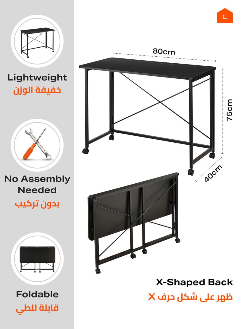 لوازم طاولة قابلة للطي - 80×40×75 سم، أسود - مكتب كمبيوتر قابل للطي بسطح خشبي وأرجل حديدية وعجلات قابلة للقفل ودعامة خلفية على شكل X - مثالية للمكتب المنزلي، الدراسة، المساحات الصغيرة، ومحطات العمل المؤقتة - Image 2