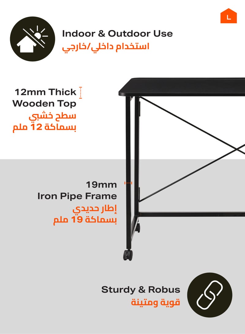 لوازم طاولة قابلة للطي - 80×40×75 سم، أسود - مكتب كمبيوتر قابل للطي بسطح خشبي وأرجل حديدية وعجلات قابلة للقفل ودعامة خلفية على شكل X - مثالية للمكتب المنزلي، الدراسة، المساحات الصغيرة، ومحطات العمل المؤقتة - Image 3