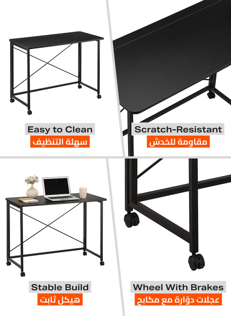 لوازم طاولة قابلة للطي - 80×40×75 سم، أسود - مكتب كمبيوتر قابل للطي بسطح خشبي وأرجل حديدية وعجلات قابلة للقفل ودعامة خلفية على شكل X - مثالية للمكتب المنزلي، الدراسة، المساحات الصغيرة، ومحطات العمل المؤقتة - Image 4