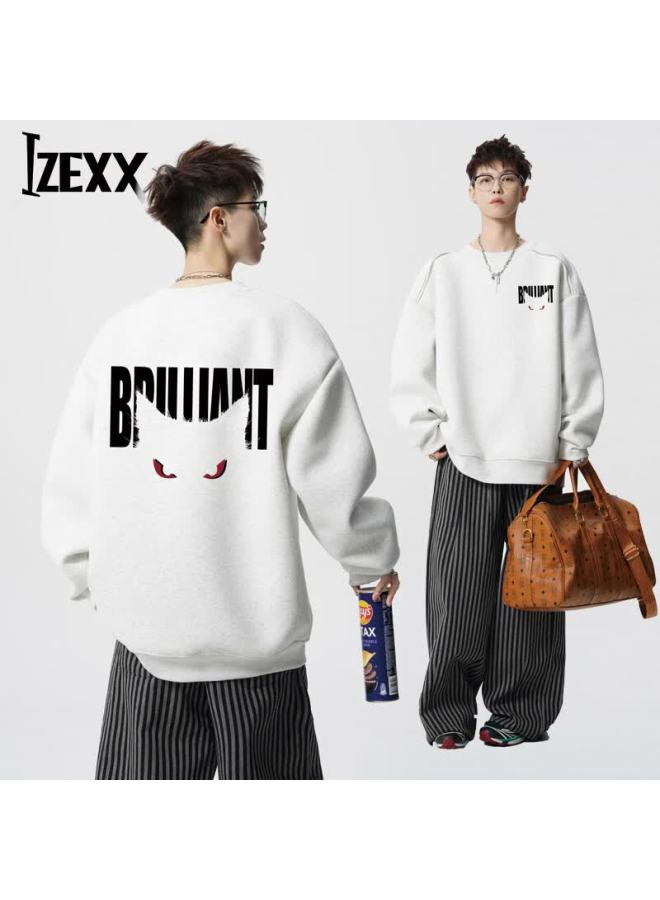 Izexx American High Street Crewneck Sweatshirt Men Spring Casual Loose Fit Couple Long Sleeve Top Zhy66 White Gray 2XL - Image 1