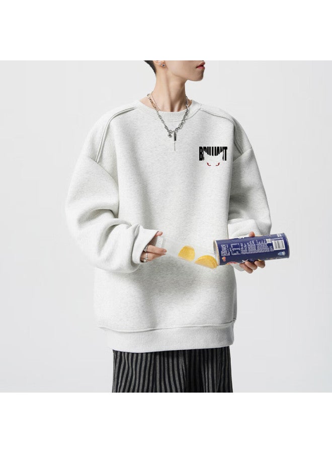 Izexx American High Street Crewneck Sweatshirt Men Spring Casual Loose Fit Couple Long Sleeve Top Zhy66 White Gray 2XL - Image 3