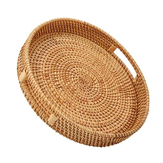 Whalehub Round Rattan Serving Tray with Handles, Hand Woven Basket, Home Decor Organizer Tray for Breakfast, Tea, Snack, Fruit, Coffee,Storage (Large)(14.17inchX2.3inch)