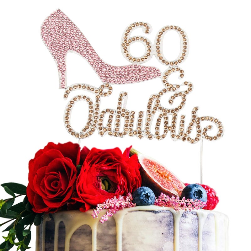 LINGTEER 60 Fabulous Pink High Heel Rhinestone Crystal Cake Topper Perfect for 60th Birthday Anniversary Party Keepsake Sparkle Decoration - Image 3