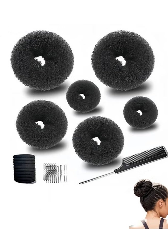 Generic Hair Bun Maker Set, 37 Pieces (2 Large, 2 Medium, 2 Small) Donut Bun Makers, 10 Elastic Hair Ties, 20 Bobby Pins, 1 Comb - Black - Image 1