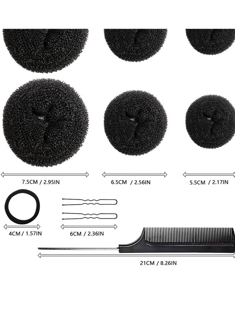Generic Hair Bun Maker Set, 37 Pieces (2 Large, 2 Medium, 2 Small) Donut Bun Makers, 10 Elastic Hair Ties, 20 Bobby Pins, 1 Comb - Black - Image 2