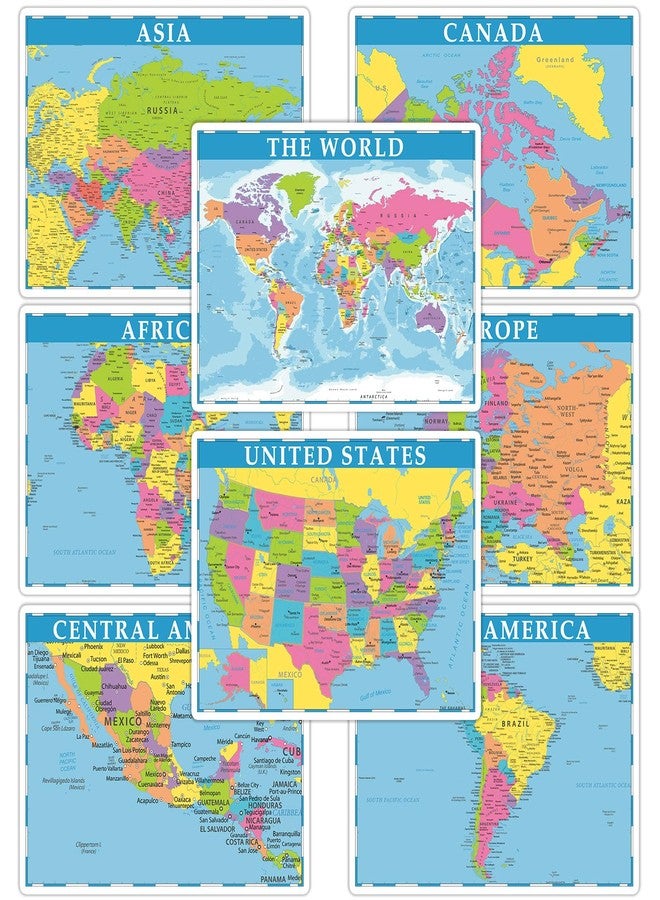 OBUSATT Educational Placemats for Kids Set of 8 World Map Placemat Non Slip Washable Eat Table Mat USA, Europe, Asia, Africa, South America, Central America, Canada Maps for Primary School Dining Table - Image 1