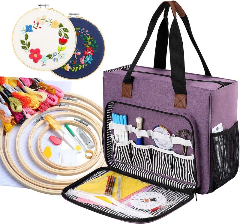 LOOEN Embroidery Project Bag, Embroidery Kits Storage Bag,Multifunctional Bag for Crochet Hooks Embroidery Floss Organizer String Bracelet Kit Sewing Thread Accessories (Purple-Double Layer) - Image 1