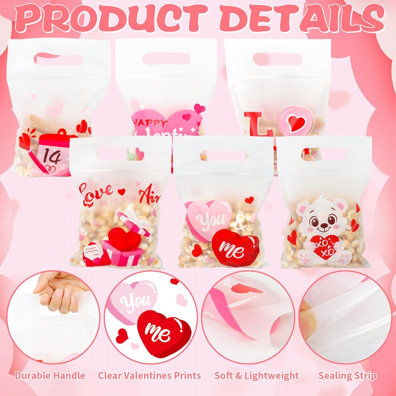 FOIMAS 36pcs Valentine's Day Cellophane Gift Bag, Heart Candy Treat Bags with Handle and Seal Ziploc Bag for Valentine's Day Party Supply Classroom Scool Gift Exchange - Image 3