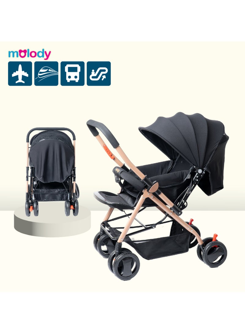 مولودي عربة أطفال خفيفة الوزن وقابلة للطي مع مقعد قابل للتعديل والاستلقاء وغطاء – نظام سفر 2 في 1 مدمج للرضع والأطفال (من 0 إلى 3 سنوات)، مناسبة لجميع التضاريس مع سلة تخزين كبيرة وحزام أمان - Image 2