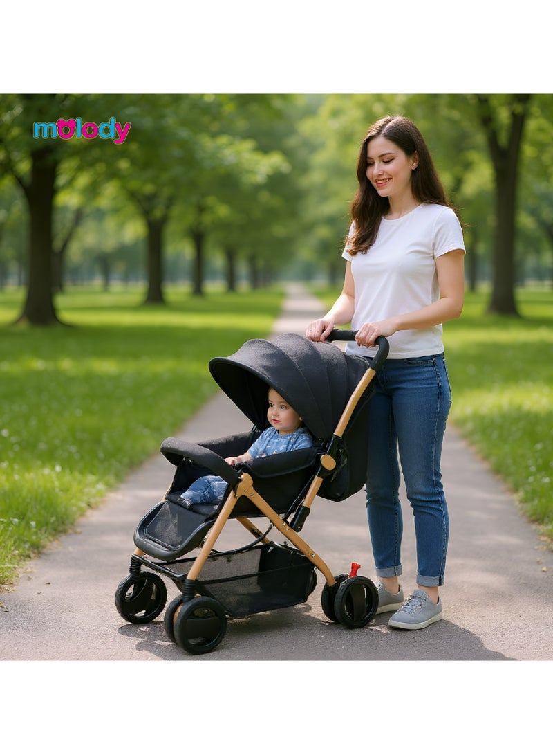 مولودي عربة أطفال خفيفة الوزن وقابلة للطي مع مقعد قابل للتعديل والاستلقاء وغطاء – نظام سفر 2 في 1 مدمج للرضع والأطفال (من 0 إلى 3 سنوات)، مناسبة لجميع التضاريس مع سلة تخزين كبيرة وحزام أمان - Image 3