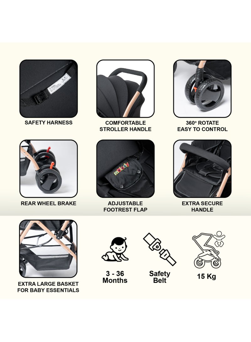 مولودي عربة أطفال خفيفة الوزن وقابلة للطي مع مقعد قابل للتعديل والاستلقاء وغطاء – نظام سفر 2 في 1 مدمج للرضع والأطفال (من 0 إلى 3 سنوات)، مناسبة لجميع التضاريس مع سلة تخزين كبيرة وحزام أمان - Image 4