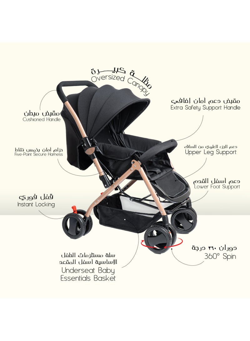 مولودي عربة أطفال خفيفة الوزن وقابلة للطي مع مقعد قابل للتعديل والاستلقاء وغطاء – نظام سفر 2 في 1 مدمج للرضع والأطفال (من 0 إلى 3 سنوات)، مناسبة لجميع التضاريس مع سلة تخزين كبيرة وحزام أمان - Image 5