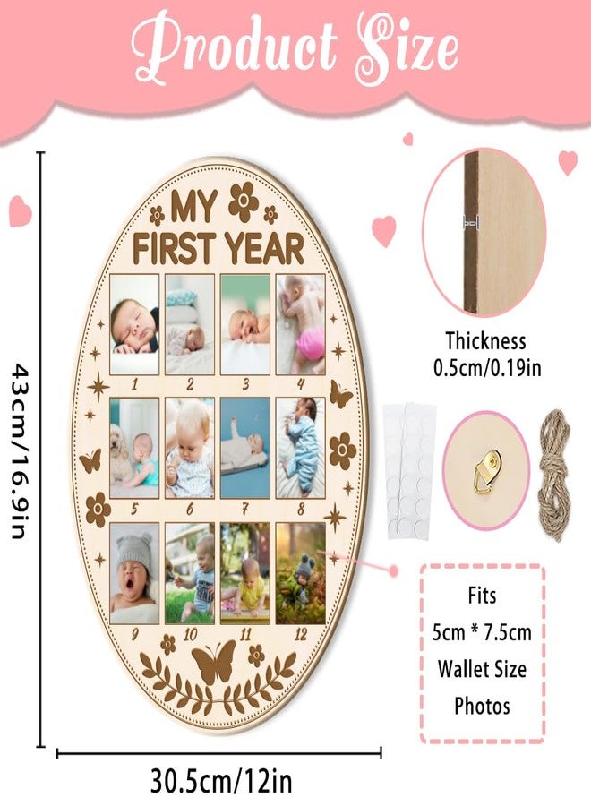 ORIGACH Oval Shape My First Year Baby Growth Photo Display Board, 12 Months Newborn Milestones Wood Keepsake Board for 1st Birthday & Nursery Decor, Butterfly & Flower Pattern - Image 2