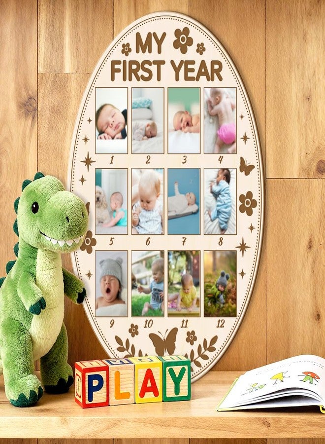 ORIGACH Oval Shape My First Year Baby Growth Photo Display Board, 12 Months Newborn Milestones Wood Keepsake Board for 1st Birthday & Nursery Decor, Butterfly & Flower Pattern - Image 5