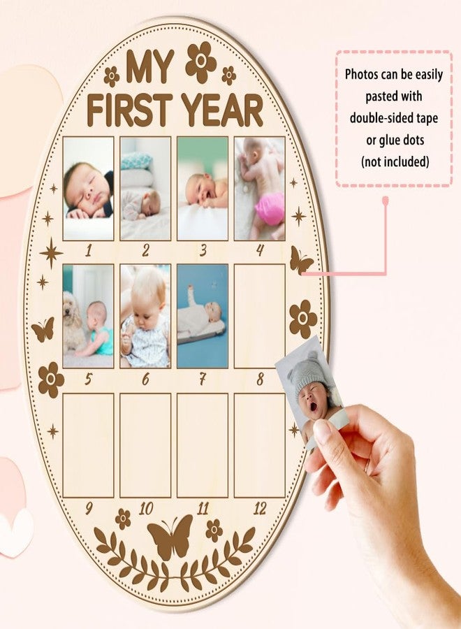 ORIGACH Oval Shape My First Year Baby Growth Photo Display Board, 12 Months Newborn Milestones Wood Keepsake Board for 1st Birthday & Nursery Decor, Butterfly & Flower Pattern - Image 3