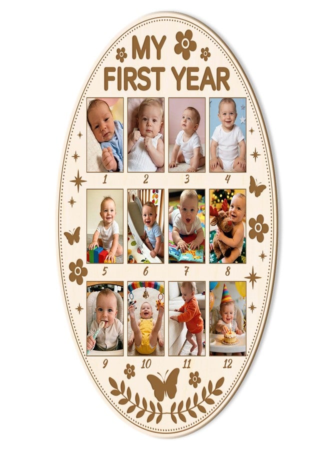 ORIGACH Oval Shape My First Year Baby Growth Photo Display Board, 12 Months Newborn Milestones Wood Keepsake Board for 1st Birthday & Nursery Decor, Butterfly & Flower Pattern - Image 1