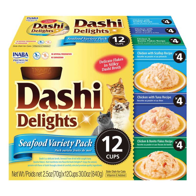 INABA Dashi Delights for Cats, Shredded Chicken with Bonito Flake Broth, 2.5 Ounce Cup, 12 Cups Total, Seafood Variety - Image 1