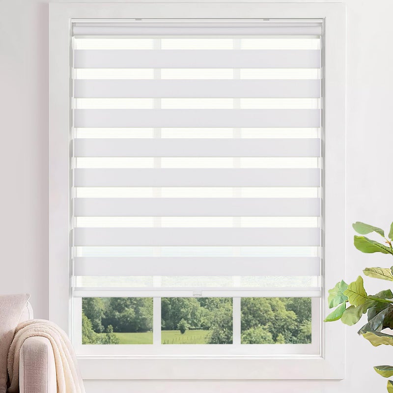 LazBlinds ستائر زيبرا لاسلكية من لاز بلايندز، سهلة التركيب بدون أدوات أو مثقاب، للتحكم المزدوج في الإضاءة ليلاً ونهاراً، توفر الخصوصية وترشيح الضوء، مقاس 22 بوصة عرض × 48 بوصة ارتفاع، لون أبيض - Image 1
