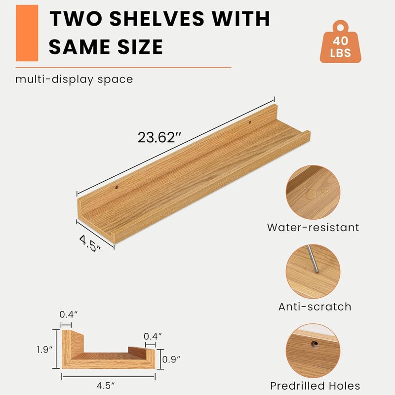 Heimlove Picture Ledge Shelf, Floating Shelves Set of 2, 24 Inches Picture Shelf for Wall with Ledge, Kids Bookshelf Wall Mounted for Living Room Bedroom Decor Books Photo Frames - Natural Oak - Image 2