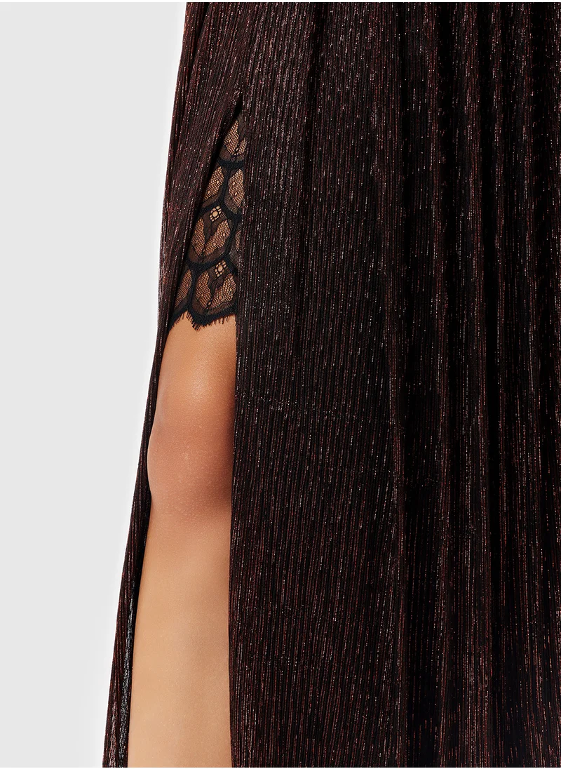 Threadz by Ajooni Lace Inserts Off Shoulder Metallic Dress
