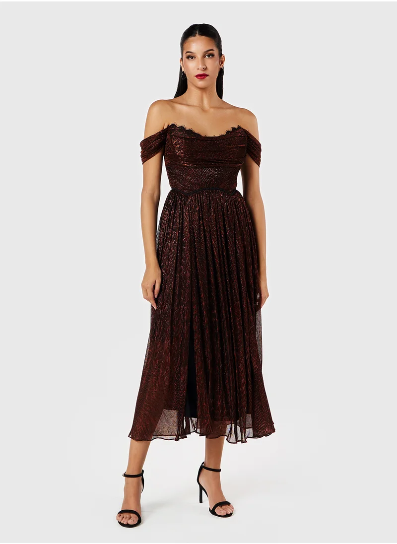 Threadz by Ajooni Lace Inserts Off Shoulder Metallic Dress