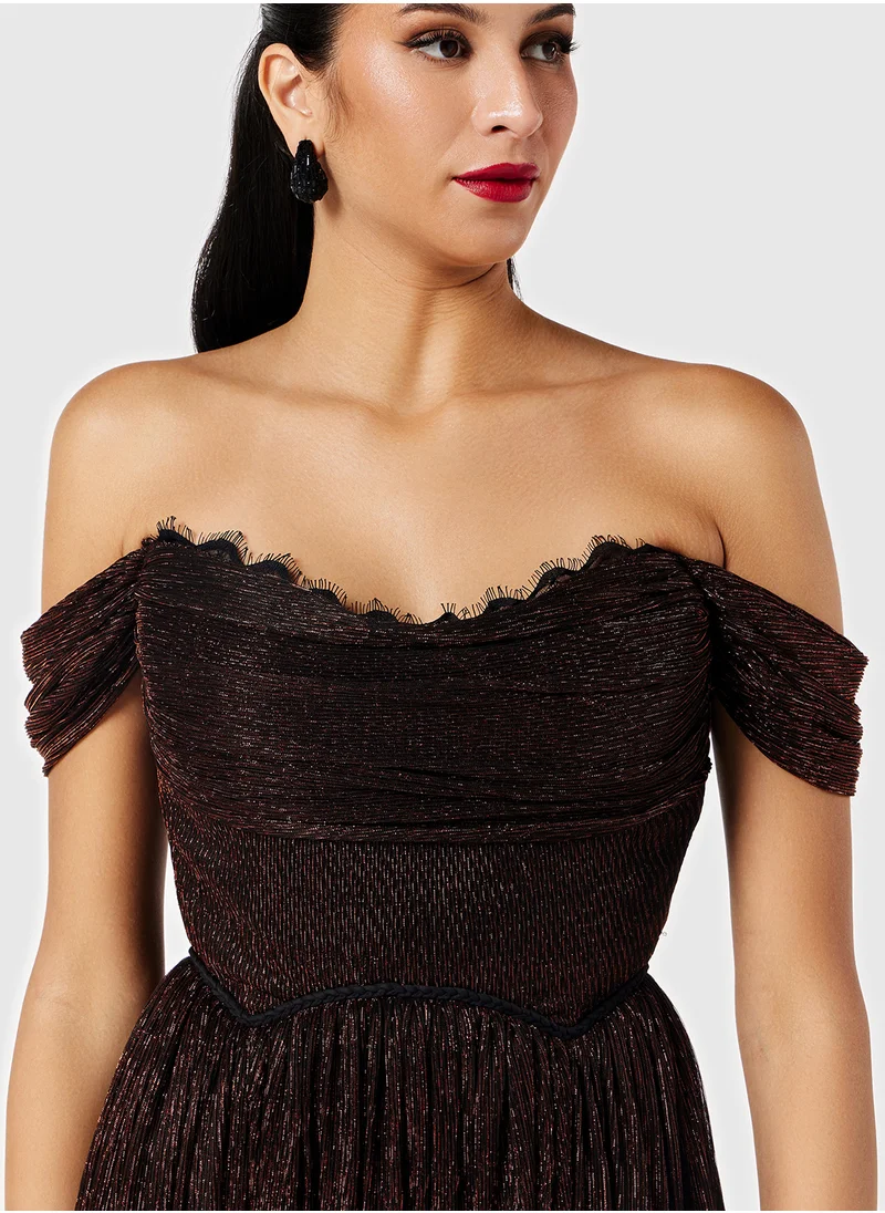 Threadz by Ajooni Lace Inserts Off Shoulder Metallic Dress