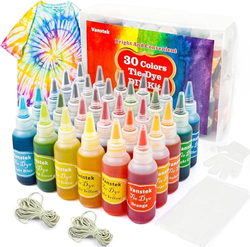 Vanstek 30 Colors Tie Dye Kit Tie Dye Shirt Fabric Dye for Women Kids Men with Rubber Bands Gloves Plastic Film and Table Covers for Family Friends Groups Party Supplies