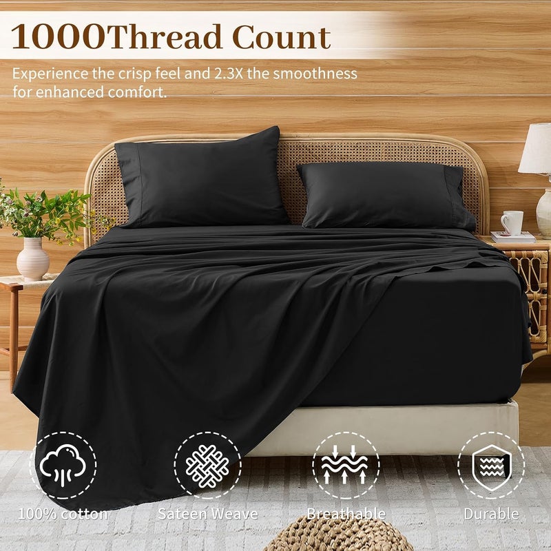 Bedlifes Deep Pocket Sheets 18-24 Inch, King Size Egyptian Cotton 1000 Thread Count, 4-Piece - Fits Extra Thick Mattresses, Cooling & Breathable (Black) - Image 2