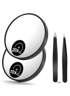 Oasisgalore 10X(300R) & 20X(200R) Magnifying Mirrors and Two Eyebrow Tweezers Kits, 3.5" Two Suction Cups Magnifier Travel Set  - Image 1