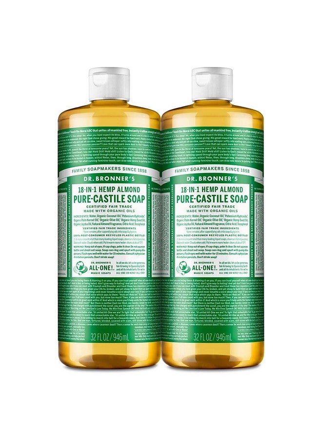 Dr. Bronner's Purecastile Liquid Soap (Almond 32 Ounce 2Pack) Made With Organic Oils 18In1 Uses: Face Body Hair Laundry Pets And Dishes Concentrated Vegan Nongmo - Image 1