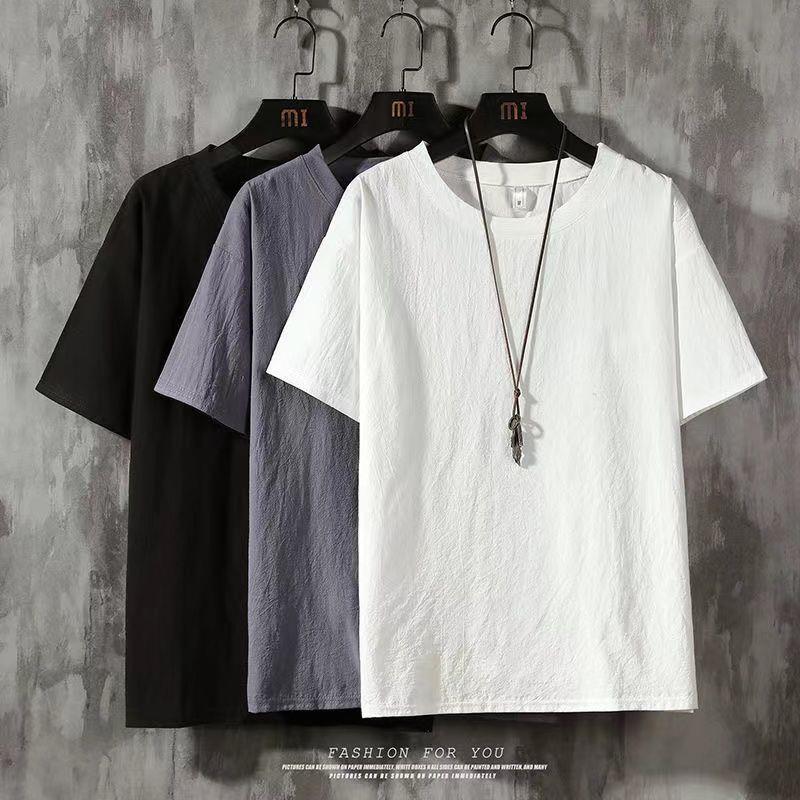 Summer Thin Cotton Linen Short-Sleeved Men'S T-Shirt Trendy Retro Solid Color Base Shirt Loose Plus Size Top Round Neck T-Shirt - Image 3
