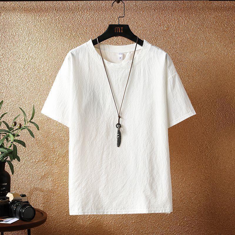 Summer Thin Cotton Linen Short-Sleeved Men'S T-Shirt Trendy Retro Solid Color Base Shirt Loose Plus Size Top Round Neck T-Shirt - Image 5