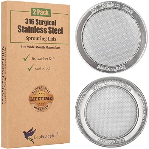 EcoPeaceful 2 Pack ONE-PIECE 316 Surgical Stainless Steel Sprouting Lids for Wide Mouth Mason Jar (Ball Kerr) - One-Piece- Strainer Mesh Lids - Rust-Proof - Image 1