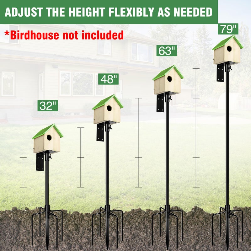 YINGYM Bird Feeder Pole, 79 Inch Heavy Duty Bird House Pole Mount Kit for Outdoors, Adjustable Metal Bird Feeding Stand, with 2-Hooks, 5-Prong Base for Hanging Feeders, Black - Image 2