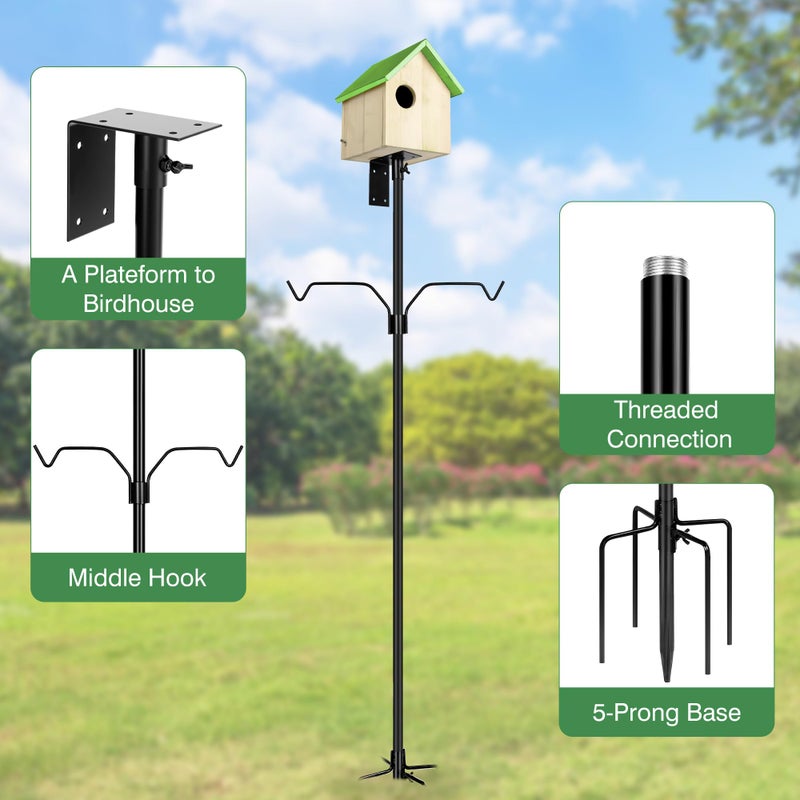 YINGYM Bird Feeder Pole, 79 Inch Heavy Duty Bird House Pole Mount Kit for Outdoors, Adjustable Metal Bird Feeding Stand, with 2-Hooks, 5-Prong Base for Hanging Feeders, Black - Image 3