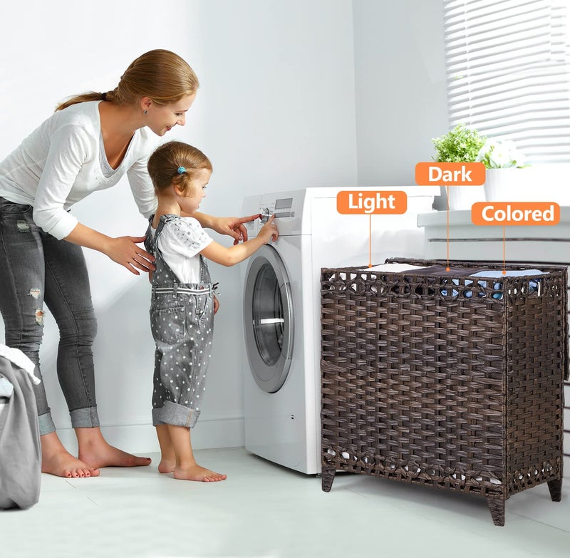 Hermina Laundry Hamper with 3 Removable Liner Bags; 132L Handwoven Rattan Laundry Basket with Lid & Heightened Feet; Clothes Hamper with Side Handles; Laundry Sorter with 3 Separate Sections - Image 2