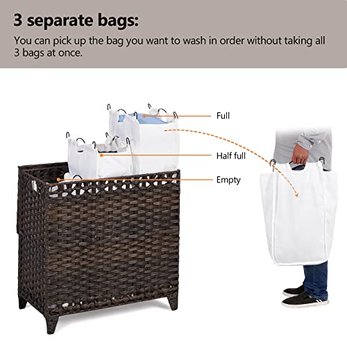 Hermina Laundry Hamper with 3 Removable Liner Bags; 132L Handwoven Rattan Laundry Basket with Lid & Heightened Feet; Clothes Hamper with Side Handles; Laundry Sorter with 3 Separate Sections - Image 3