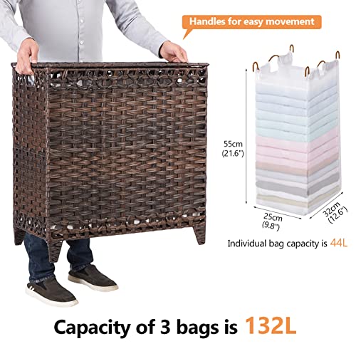 Hermina Laundry Hamper with 3 Removable Liner Bags; 132L Handwoven Rattan Laundry Basket with Lid & Heightened Feet; Clothes Hamper with Side Handles; Laundry Sorter with 3 Separate Sections - Image 4