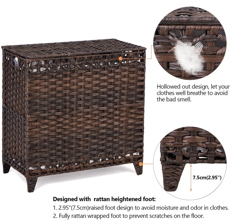 Hermina Laundry Hamper with 3 Removable Liner Bags; 132L Handwoven Rattan Laundry Basket with Lid & Heightened Feet; Clothes Hamper with Side Handles; Laundry Sorter with 3 Separate Sections - Image 5