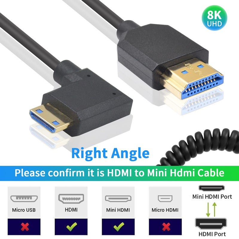 Duttek 8K Mini HDMI to HDMI Coiled Cable, 48Gbps Ultra Thin Right Angled Mini HDMI Male to HDMI Male Cable for Projector, Monitor, Camcorder 4FT/1.2M - Image 3