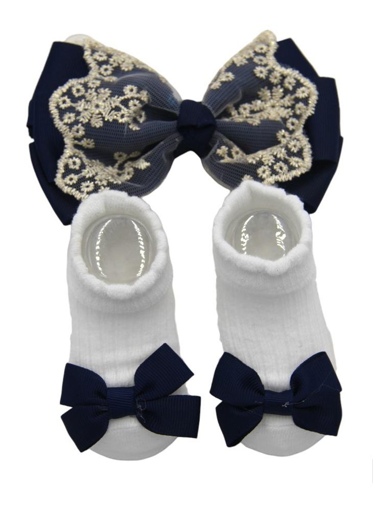 Bambimici Aaliyah Socks & Cute Ribbon Big Bow Headband Set Navy Blue - Image 1