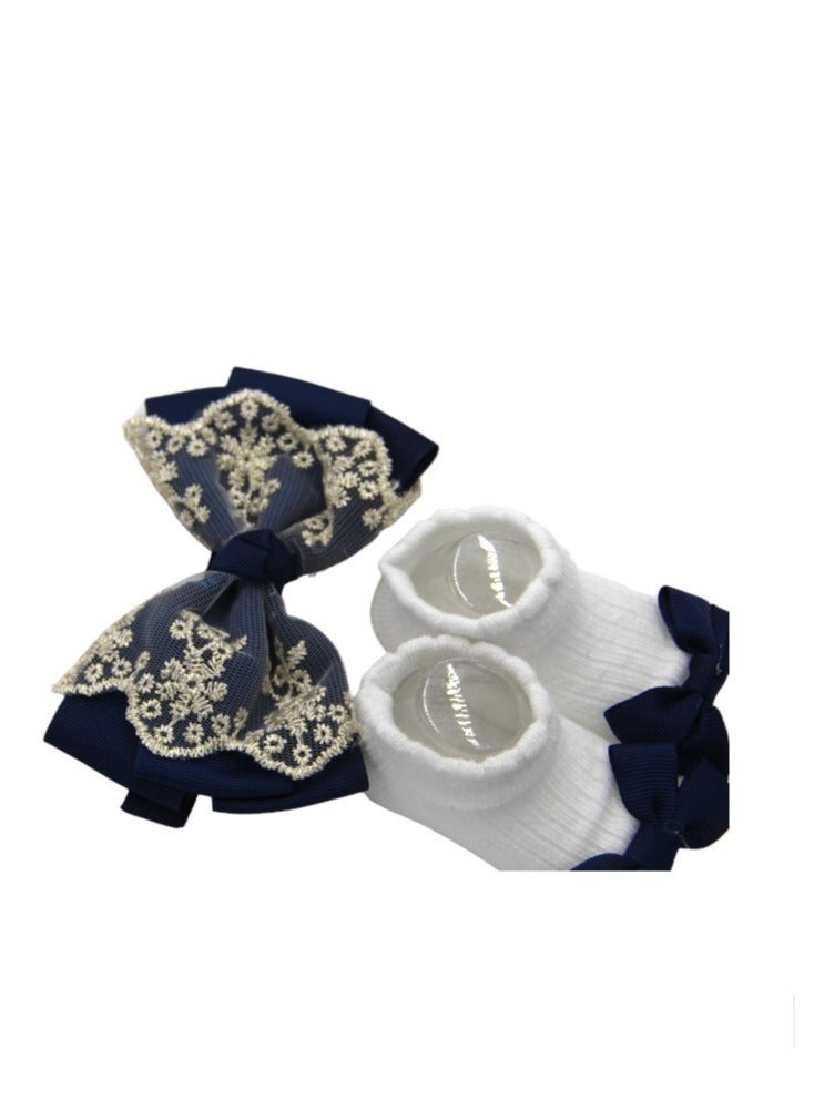 Bambimici Aaliyah Socks & Cute Ribbon Big Bow Headband Set Navy Blue - Image 4