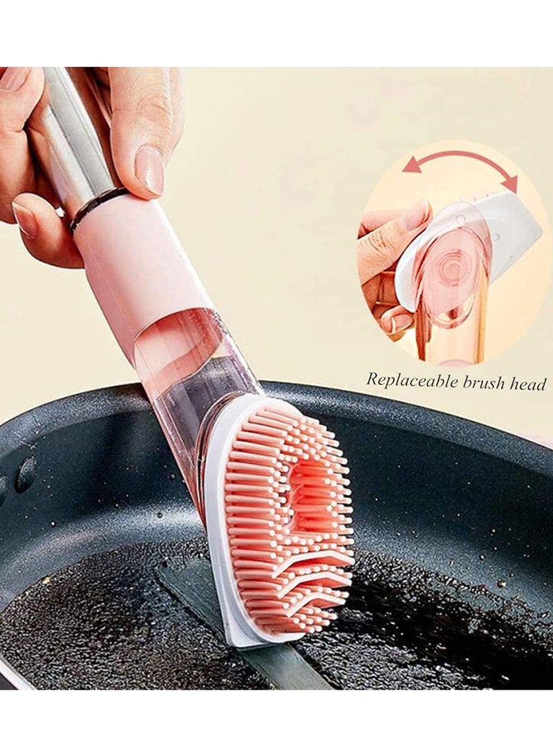 XiuWoo Kitchen Dish Brush, Soap Dispensing Scrub Brush with Handle, for Pot Pan Sink Cleaning, 3 Reusable Refill Replacement Heads (Pink) - Image 3