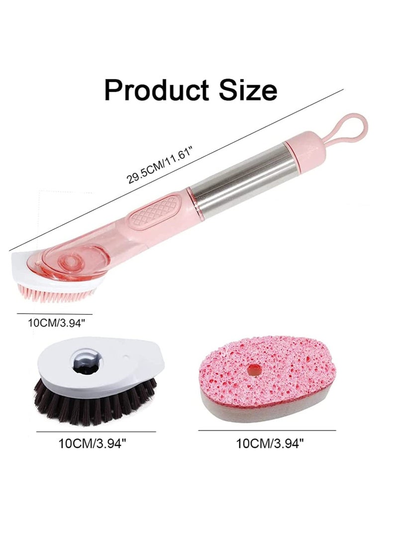 XiuWoo Kitchen Dish Brush, Soap Dispensing Scrub Brush with Handle, for Pot Pan Sink Cleaning, 3 Reusable Refill Replacement Heads (Pink) - Image 4