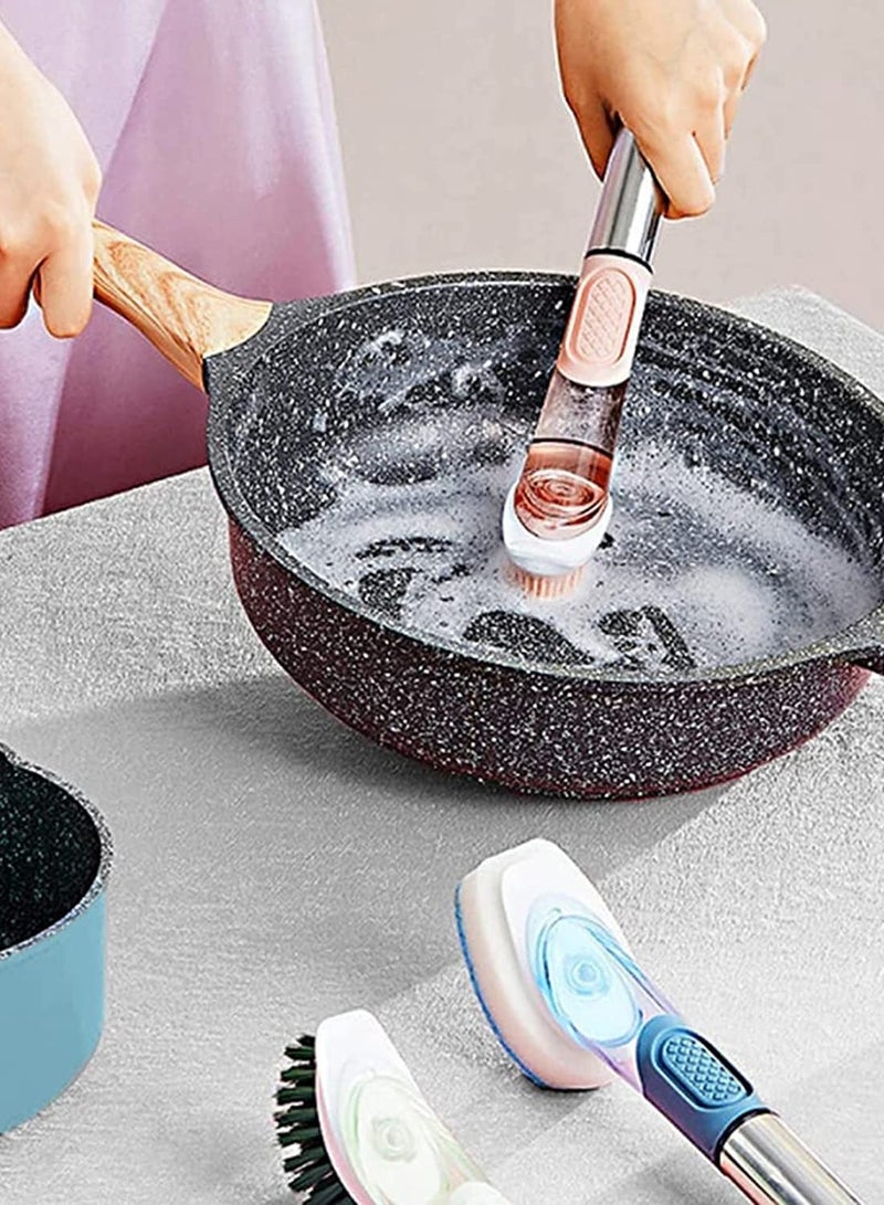 XiuWoo Kitchen Dish Brush, Soap Dispensing Scrub Brush with Handle, for Pot Pan Sink Cleaning, 3 Reusable Refill Replacement Heads (Pink) - Image 5