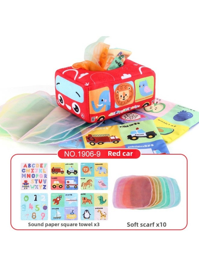 Hot Sale Baby Tissue Box With Pompom Puzzle Baby Cloth Book With Ringing Paper Hand Tear Baby Toys-Color:NO.1906-9 Red Car 78.6g(3 Ringing Paper Square Scarves +8 Silk Scarves)  - Image 1